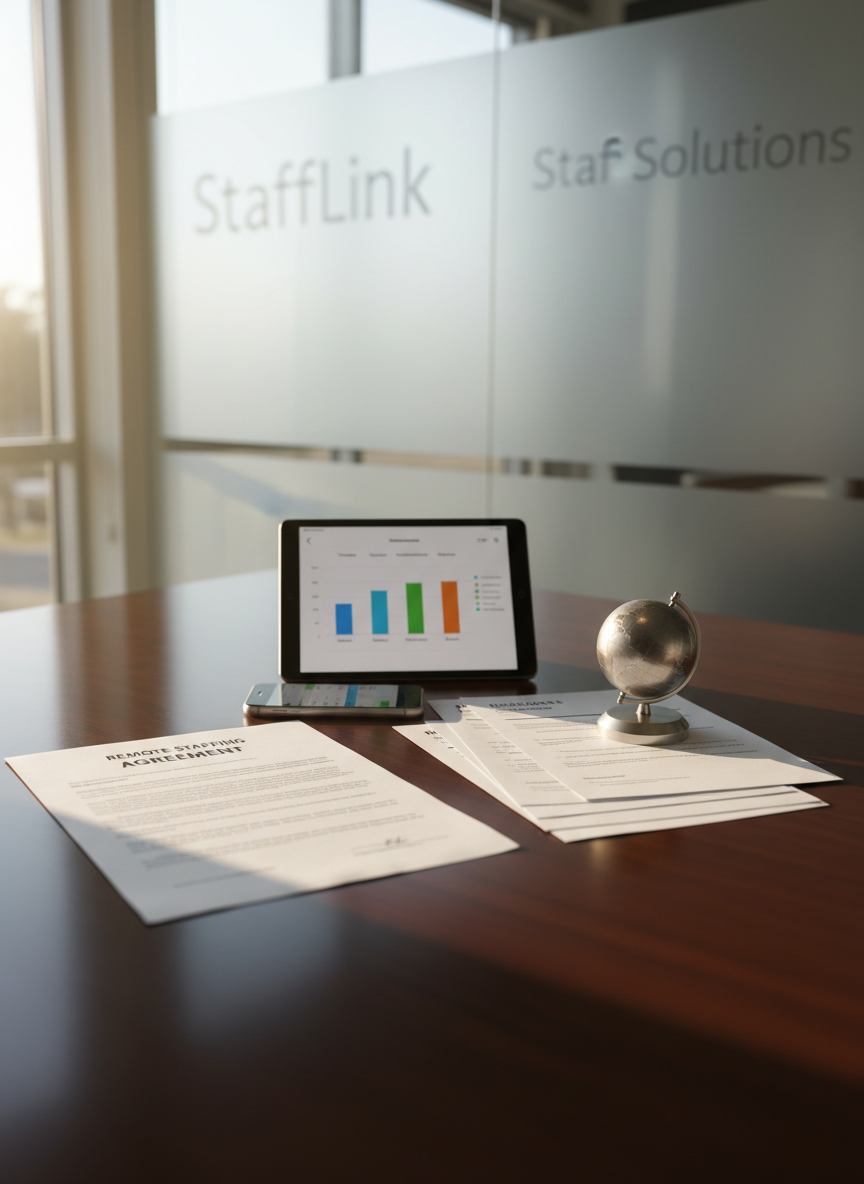 A polished dark-wood desk featuring a prominent printed contract labeled “Remote Staffing Agreement” beside a neatly stacked set of resumes with clean, modern layouts, all held by a brushed metal paperweight shaped like a globe. A smartphone displays a calendar of interview slots, while a slim tablet shows a simple bar chart of hiring metrics. In the background, a frosted glass wall subtly bears the words “StaffLink Solutions” in understated lettering. Warm afternoon light filters through a nearby window, creating soft highlights on the paper edges and gentle shadows beneath the objects. Photographic realism with a slightly elevated angle and shallow depth of field puts the documents in sharp focus, suggesting trust, professionalism, and dependable hiring support for US companies.