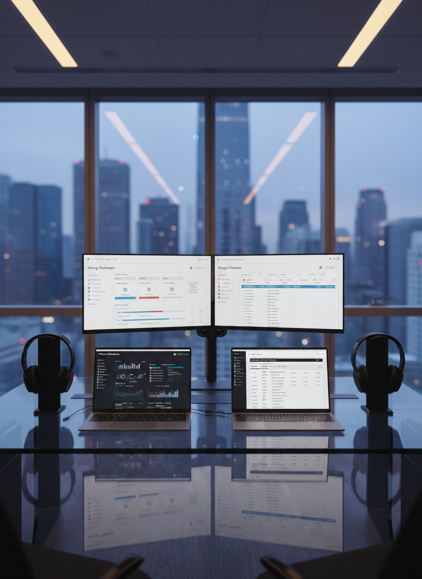 A sleek glass-topped desk with two ultra-thin silver laptops open to analytics dashboards and applicant tracking software, flanked by a pair of noise-cancelling headsets resting neatly on matte-black stands. A large dual-monitor setup at the back displays a clean dashboard showing hiring pipelines and project timelines. The workspace is inside a modern high-rise office with floor-to-ceiling windows revealing a soft-focus US city skyline at dusk. Cool, diffused natural light mixes with warm recessed ceiling lights, casting gentle reflections on the glass surface. Photographic realism, eye-level composition with a slight angle, sharp focus on the workstation, and a subtle bokeh background create a calm, professional, tech-driven atmosphere ideal for a staffing and digital solutions homepage hero image.